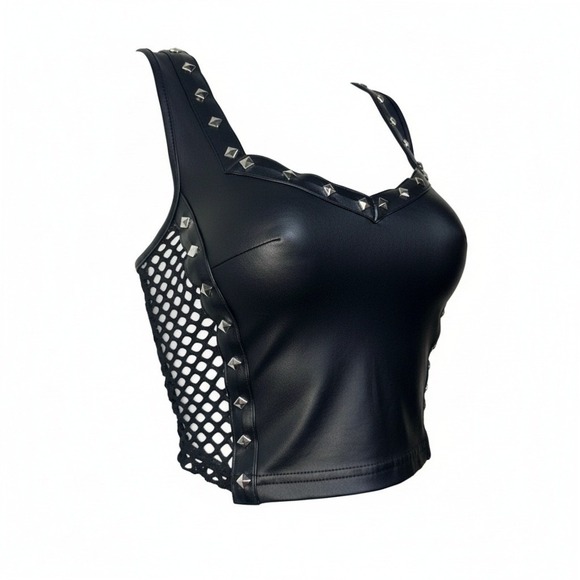 Molliwater Tops - New Small Vegan Leather Goth Sleeveless Mesh Studded Crop Tank Top Bustier